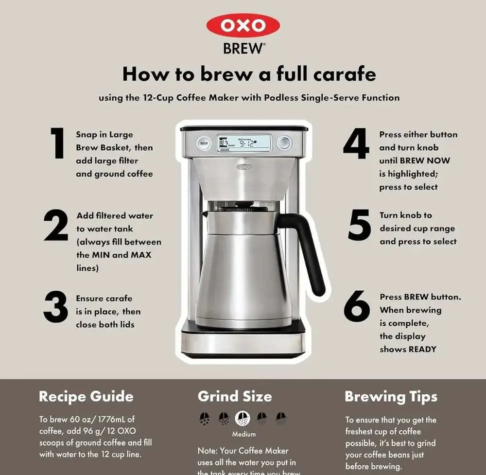 OXO Brew 12-Cup Coffee Maker with Podless Single-Serve Function Stainless Steel